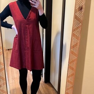 Gudrun Sjoden Sleeveless Rust V-Neck Apron 100% Linen Shift Dress with pockets